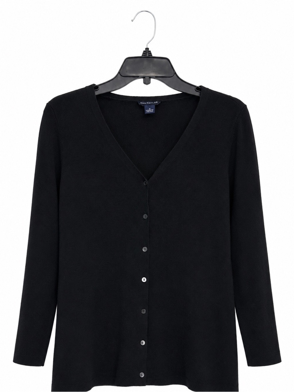 Ann Taylor Black Cardigan Medium V Neck Button Front 3/4 Sleeve Sweater